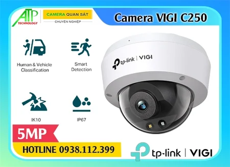 Camera VIGI C250 5MP màu 24h, VIGI C250 ghi màu ban đêm, Camera VIGI C250 tích hợp micro, Camera VIGI C250 chống nước IP67, VIGI C250 hỗ trợ H265+, VIGI C250 phát hiện xâm nhập, Dome VIGI C250 lọc người phương tiện
