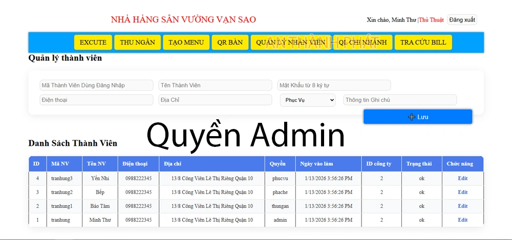quyền admin app order món ăn
