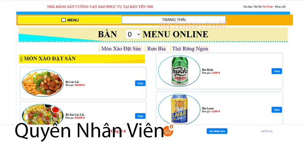 quyền nhân viên app gọi món