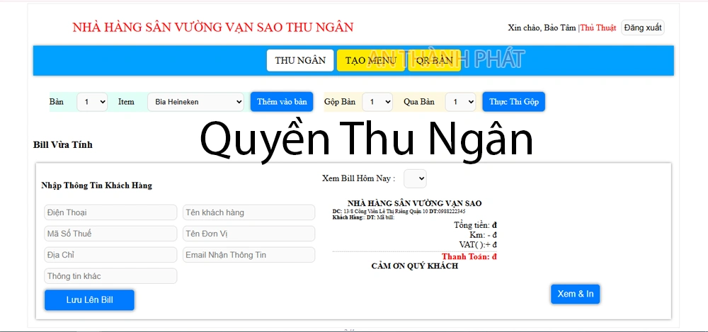 quyền thu ngân app gọi món ăn